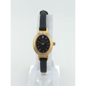 Vintage Nelsonic Diamond Gold Tone Ladies Watch Black Dial 1980s Analog / Quartz